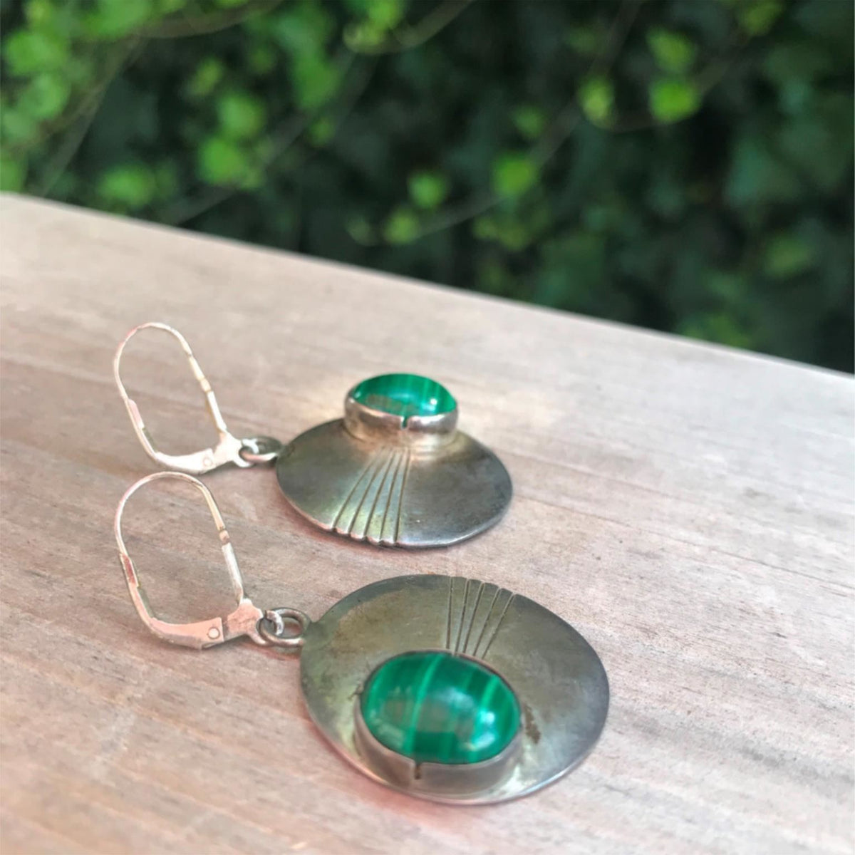 Sterling Silver 1" JB Artist Signed Green Oval Malachite Lever Pieced Earrings