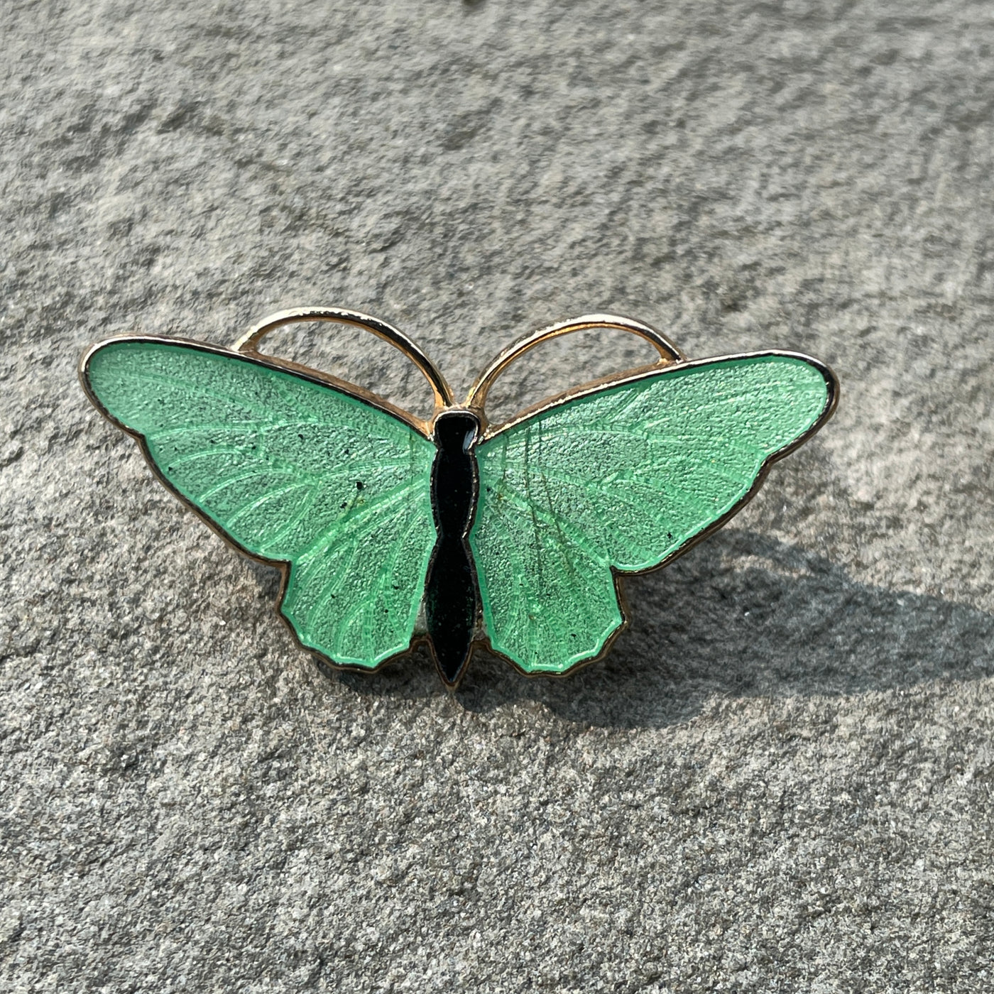 Gold Tone Aqua Green Black Enamel Butterfly Pin 1.25"