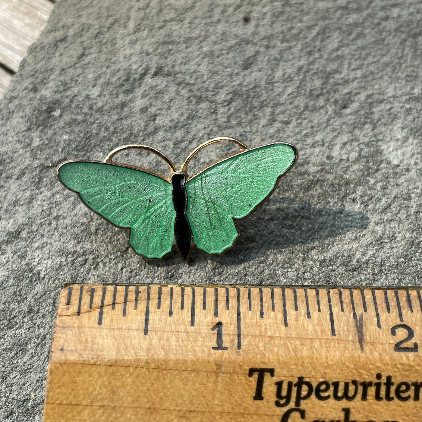 Gold Tone Aqua Green Black Enamel Butterfly Pin 1.25"