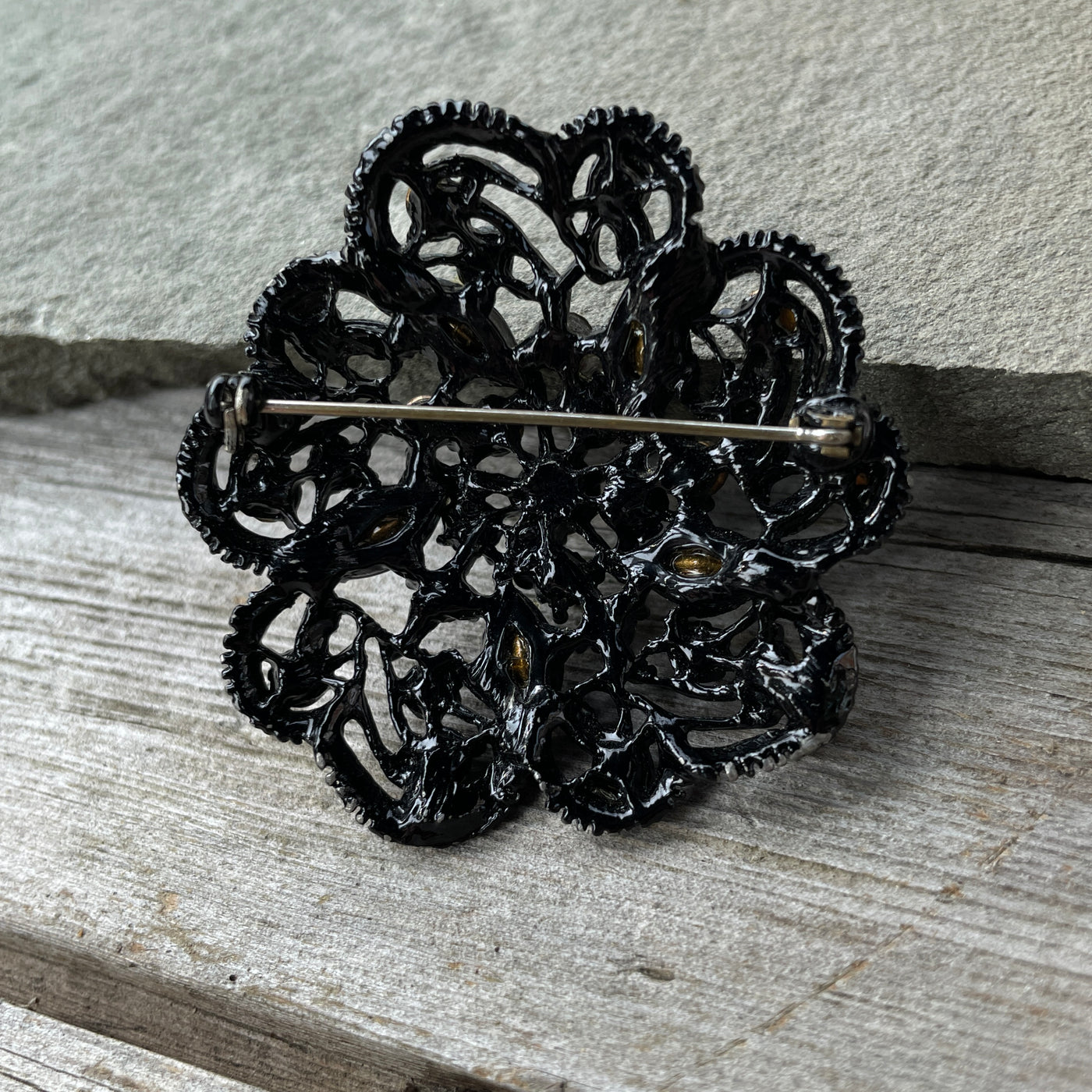 Bright Black Gems Goth Style Round 10 Side Pin 2"