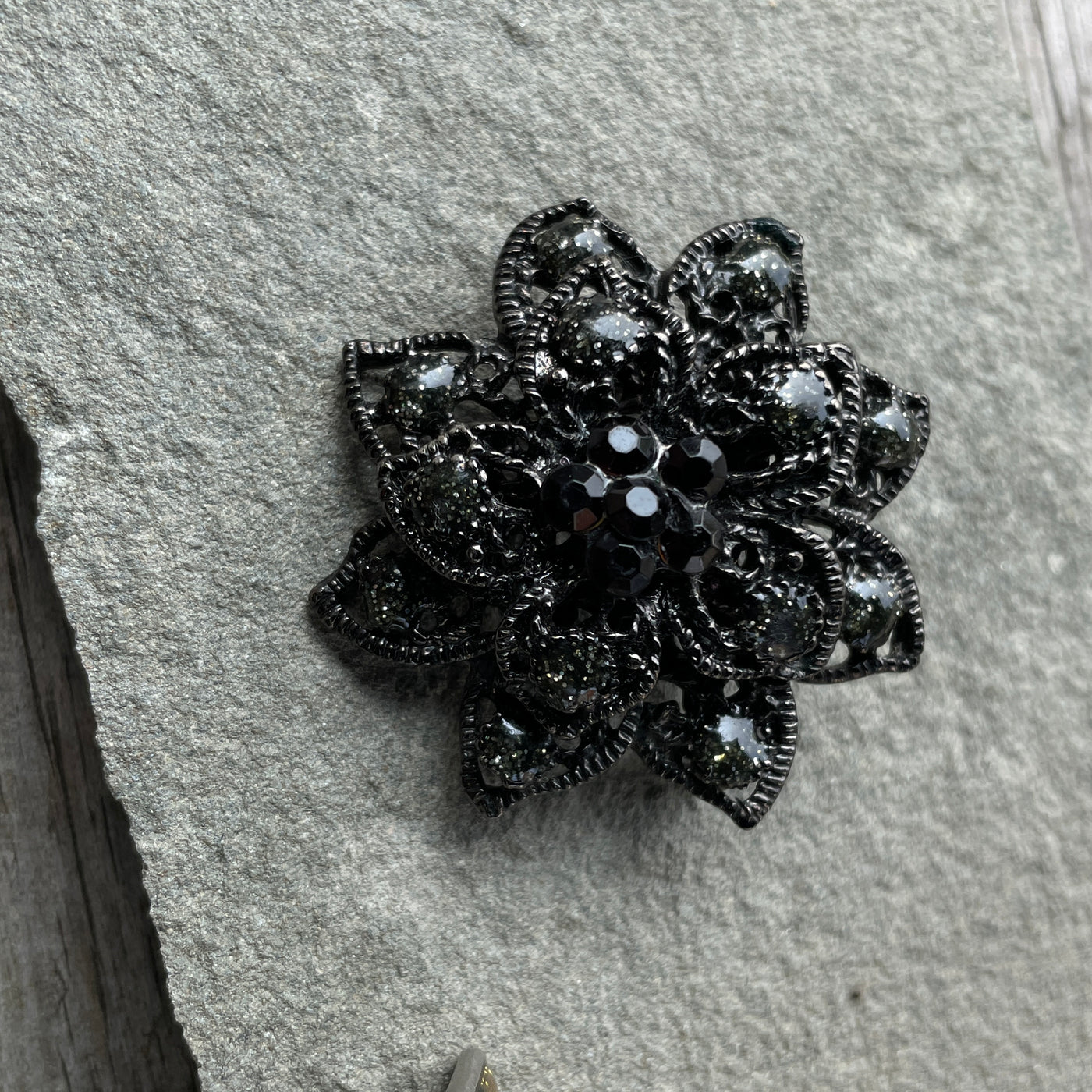 Black Gem Goth Style Round 8 Petal Flower Pin 1.75"