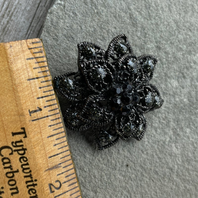 Black Gem Goth Style Round 8 Petal Flower Pin 1.75"