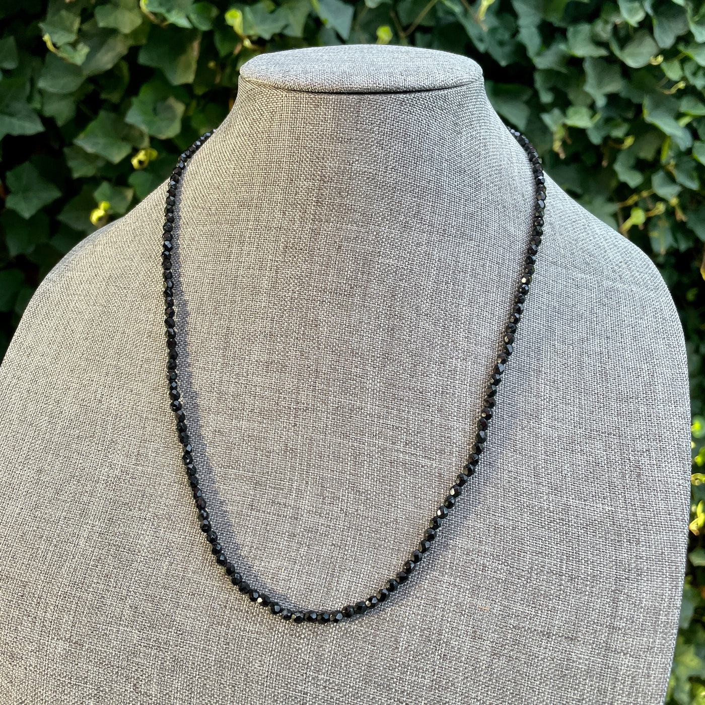 23"  Mid Century Small Black Crystal Single Strand Necklace Vintage