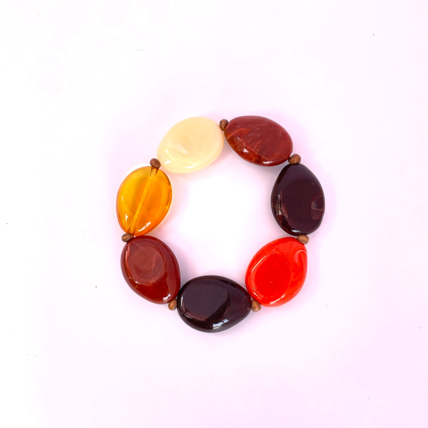 7" Oval Orange Brown Amber Cream Acrylic Bead Modernist Stretch Bracelet