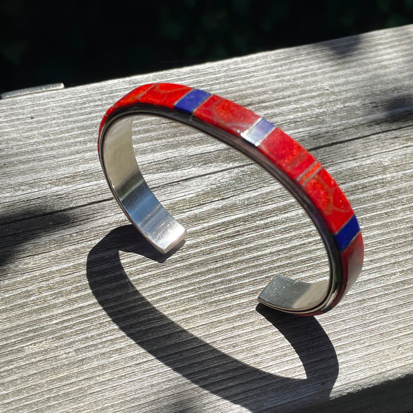 2.75" Coral w Blue Lapis Azul Sterling Cuff Bangle Bracelet
