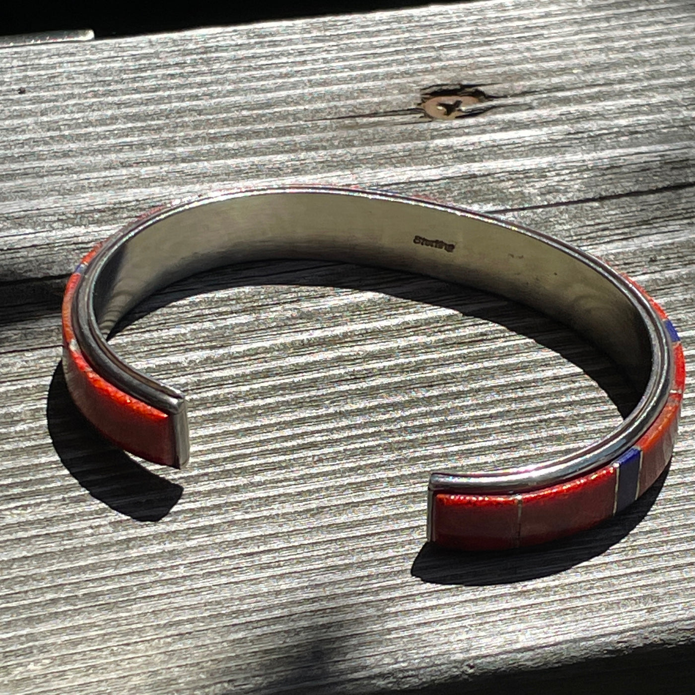 2.75" Coral w Blue Lapis Azul Sterling Cuff Bangle Bracelet