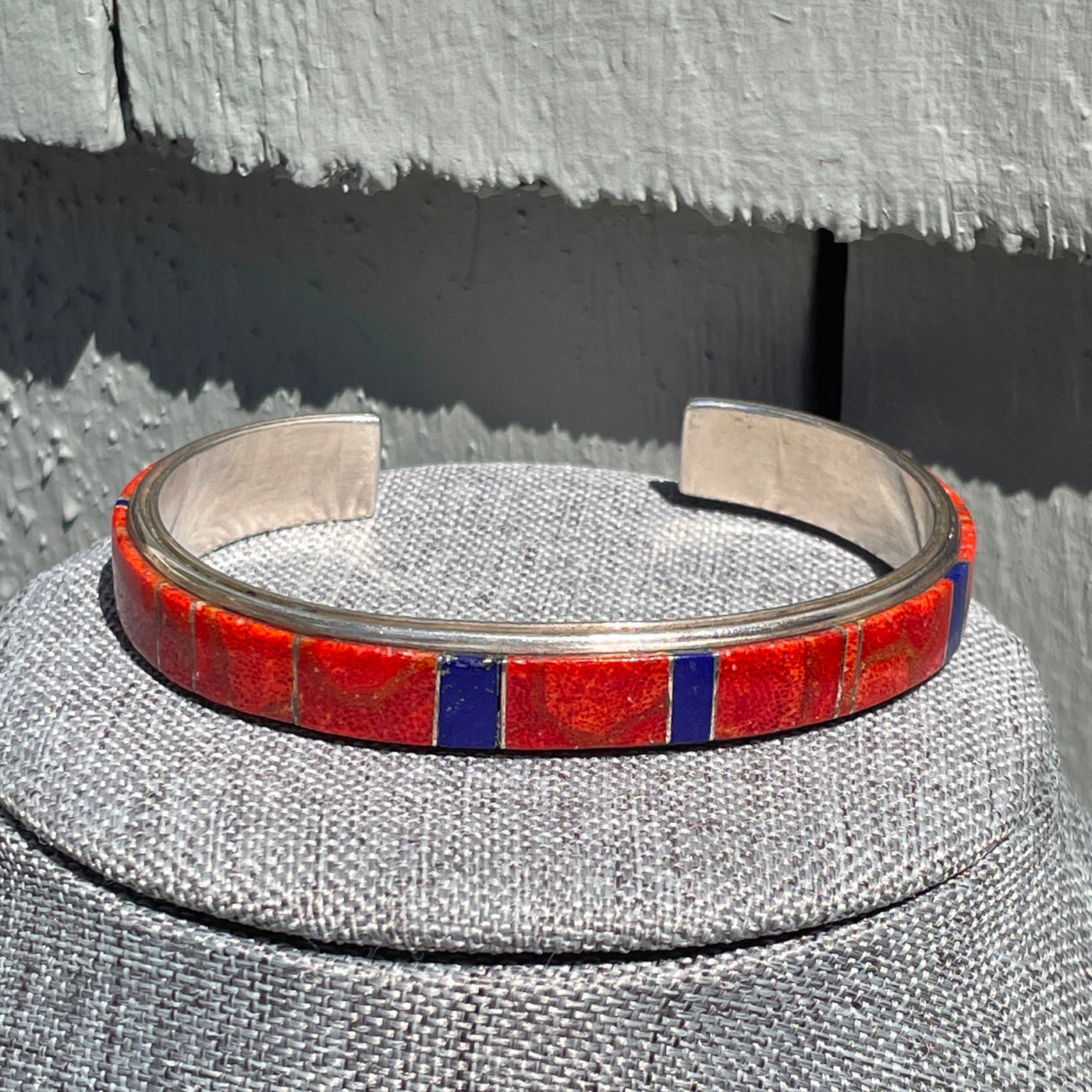 2.75" Coral w Blue Lapis Azul Sterling Cuff Bangle Bracelet