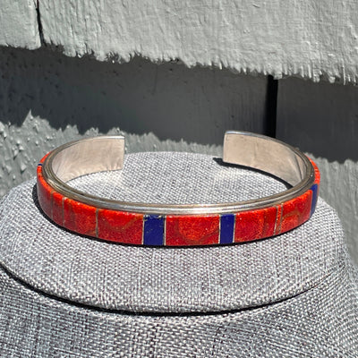 2.75" Coral w Blue Lapis Azul Sterling Cuff Bangle Bracelet