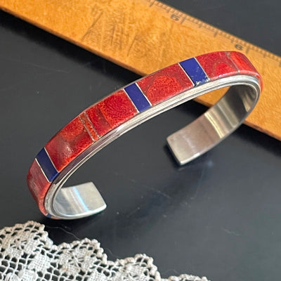 2.75" Coral w Blue Lapis Azul Sterling Cuff Bangle Bracelet