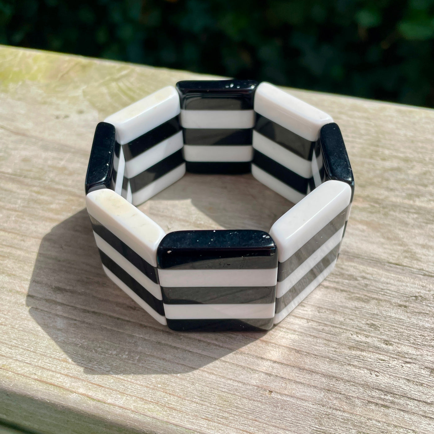 Black White Striped Stretch Acrylic Tile Bangle Bracelet 1.25" Wide Stretch