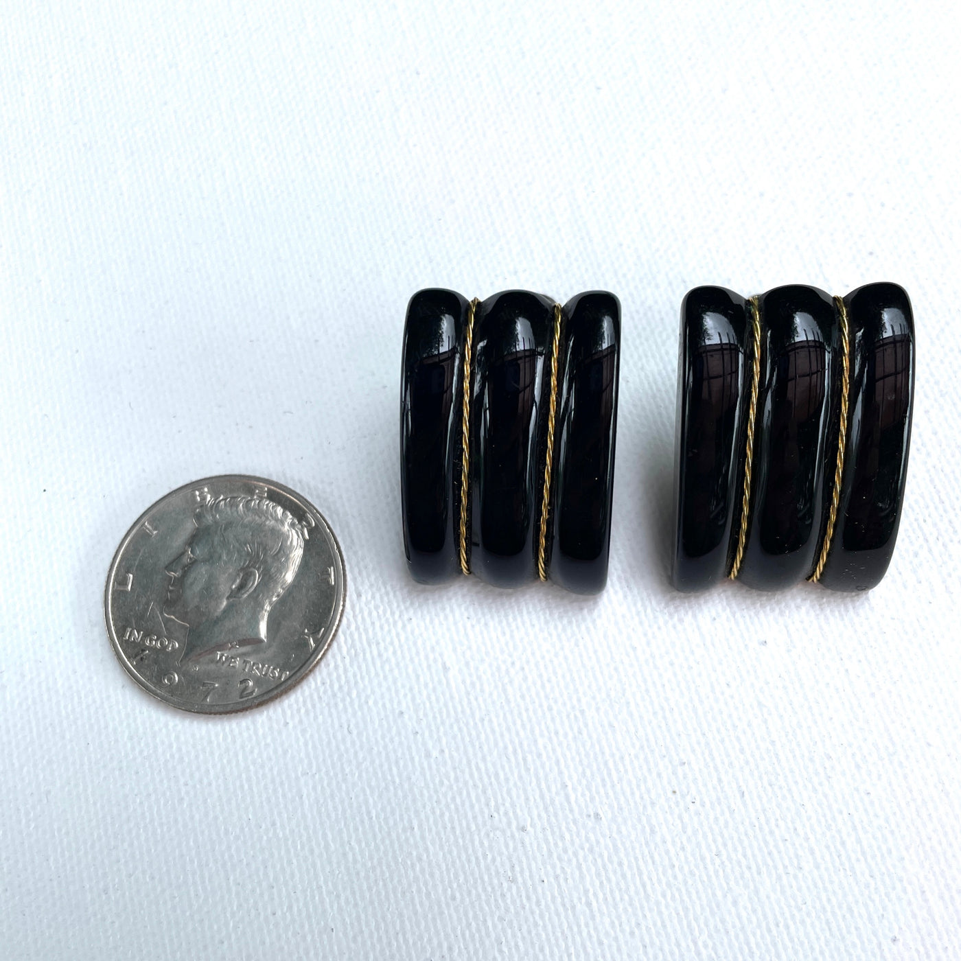 1.5" Black & Gold Acrylic Mid Century Clip Earrings Vintage