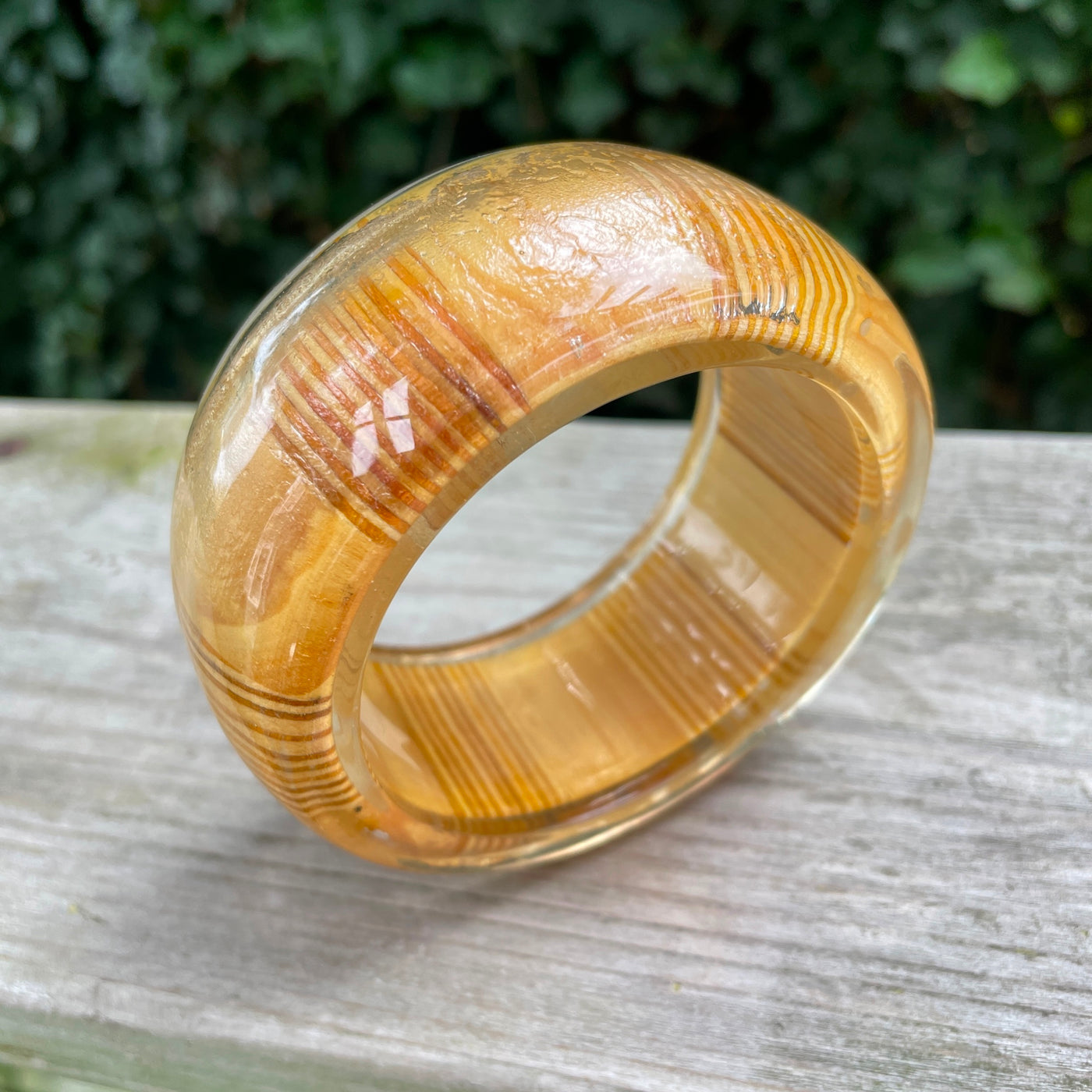 2-1/2" Clear Lucite Encased Wood Bangle Bracelet 1.5" Wide