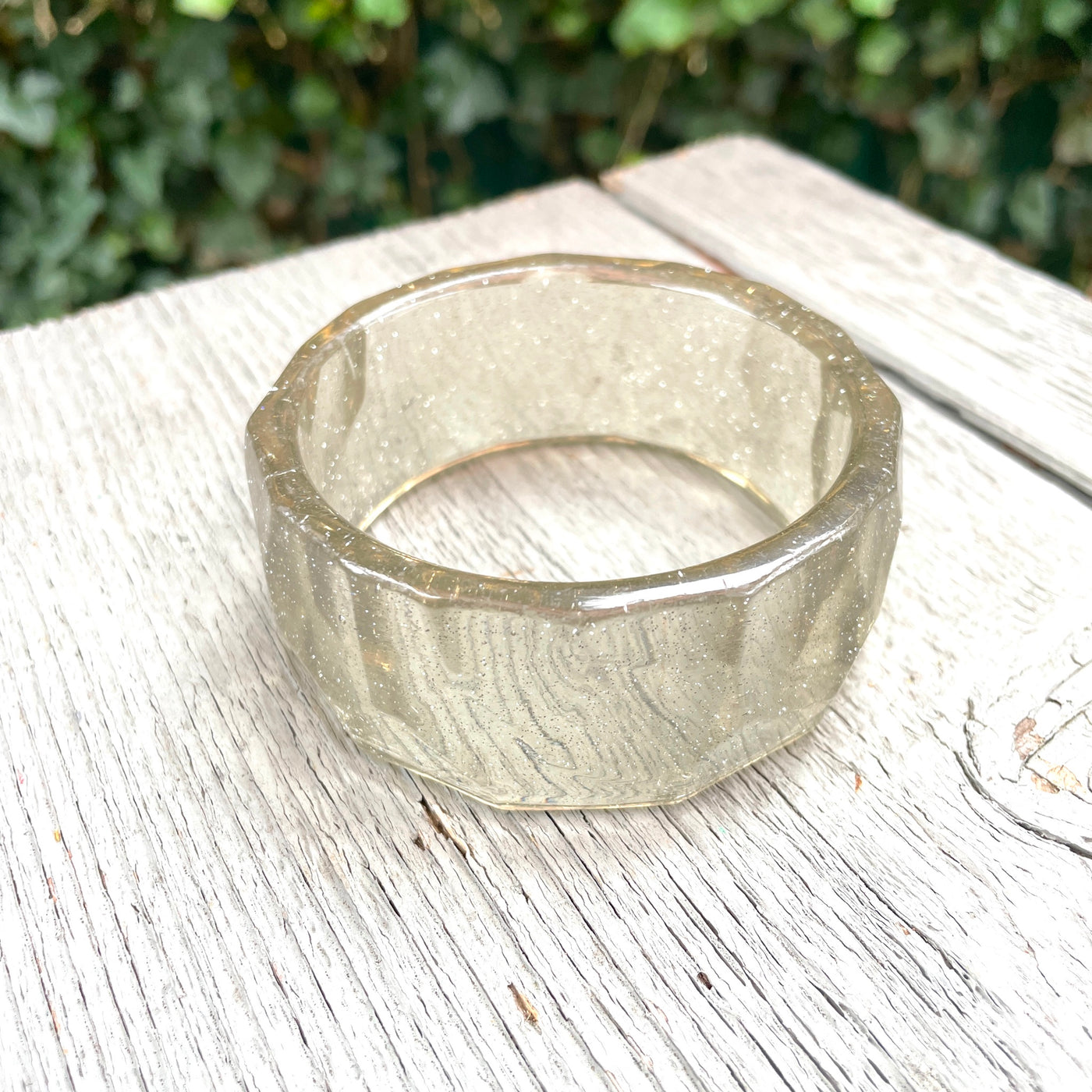 2-5/8" Clear Lucite Faceted Bangle Bracelet w Silver Glitter 1.25" Wide