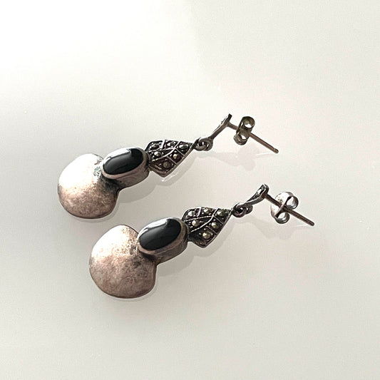 Silver 925 Marcasites & Black Oval Stone Pierced Post Dangle Earrings