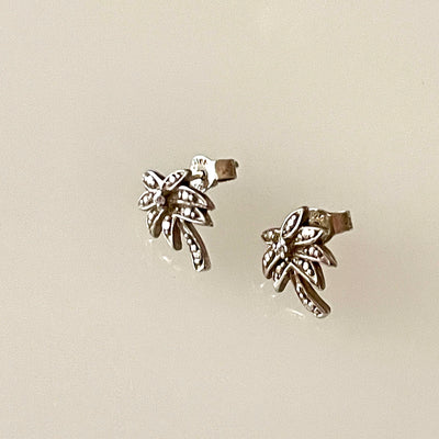 925 Silver CHINA Palm Tree 1/2" Stud Post Earrings w Small Glass Gem Vintage