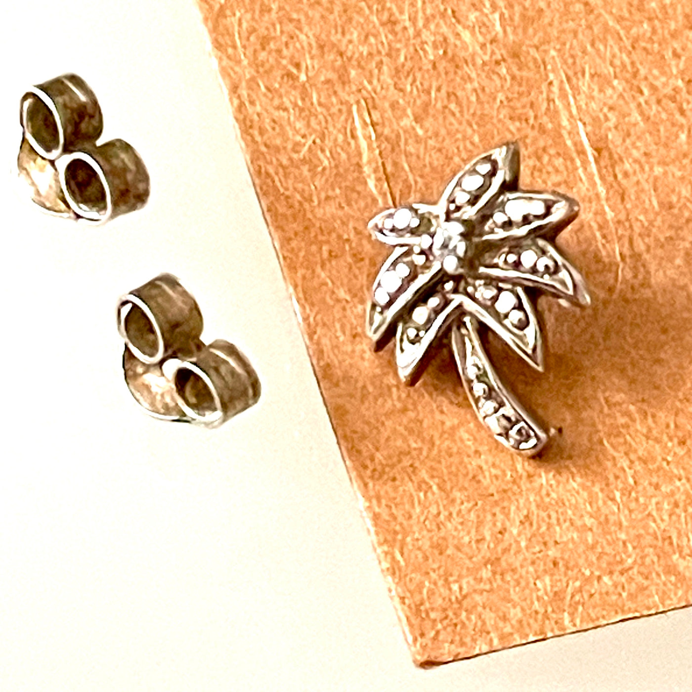 925 Silver CHINA Palm Tree 1/2" Stud Post Earrings w Small Glass Gem Vintage