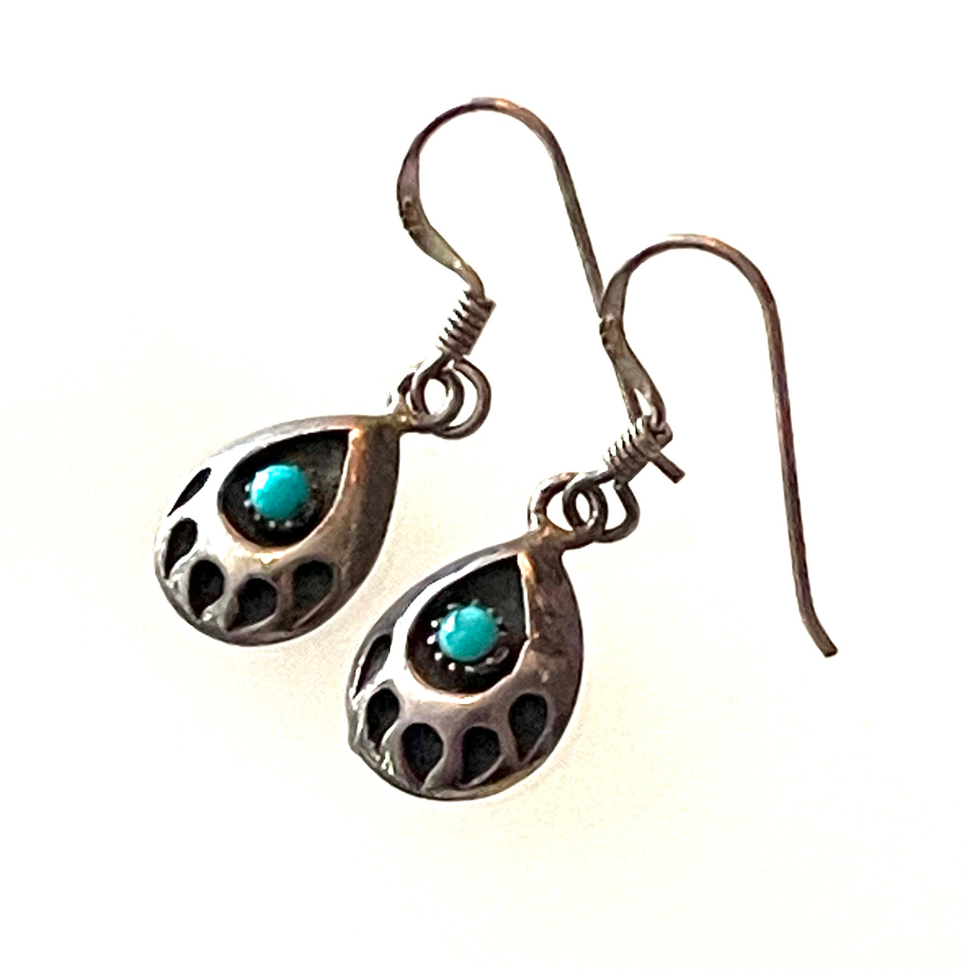 925 Silver Bear Paw Hook Pierced Logo Earrings w Small Turquoise Gem Vintage