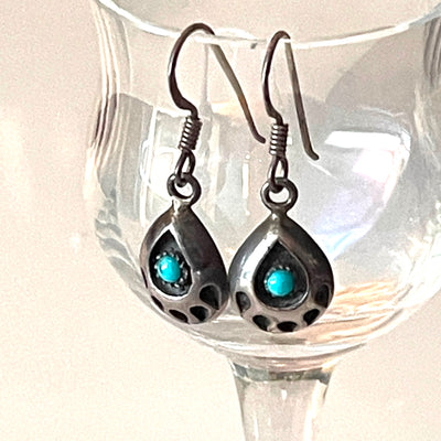 925 Silver Bear Paw Hook Pierced Logo Earrings w Small Turquoise Gem Vintage