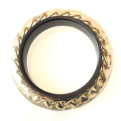 2.5" D Clear Faceted Lucite & Black w Gold Chain Thick Bangle Bracelet Vintage