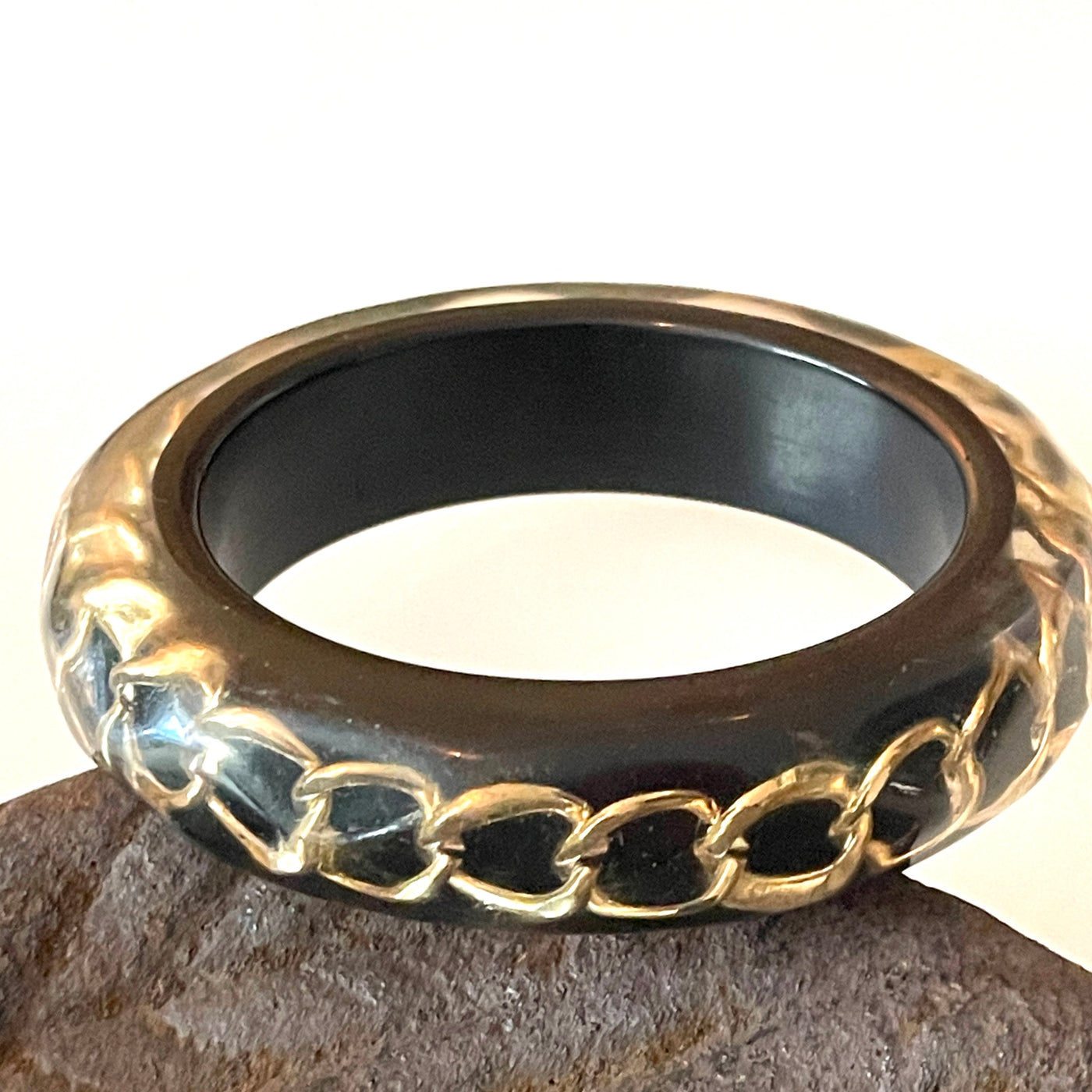 2.5" D Clear Faceted Lucite & Black w Gold Chain Thick Bangle Bracelet Vintage