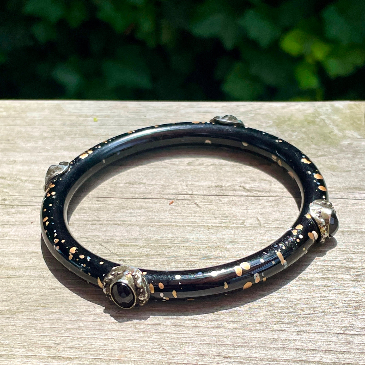 2.5" D Vintage Gold Splatter Black Bangle Bracelet w 4 Black Gemstones