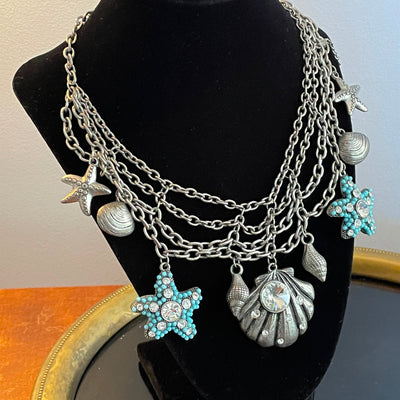 20" Mermaid Collar 9 Charm Necklace VCLM Silver Net w Turquoise & Rhinestones