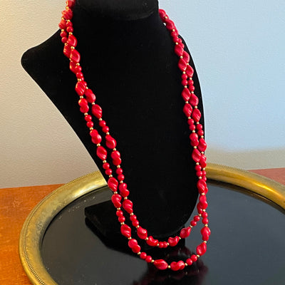 24" TRIFARI Red Twist Bead Acrylic Vintage Double Strand Necklace Circle Clasp