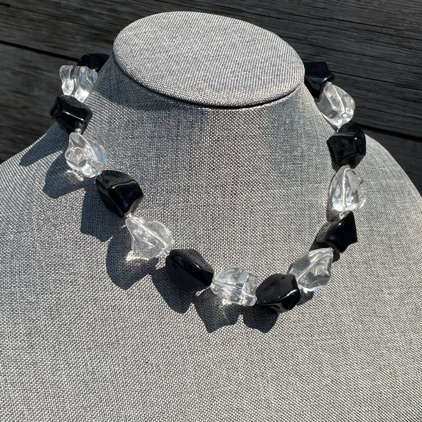 21" Clear Lucite & Black Asymmetric Bead Necklace Vintage Silver Lobster Clasp