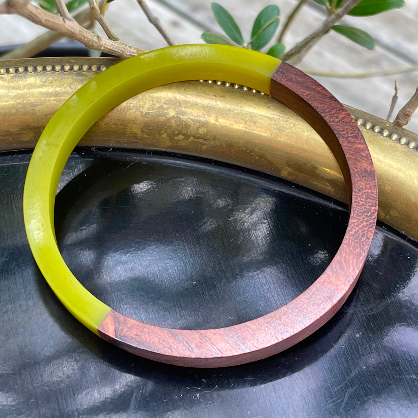 2.5/8" Acrylic Avocado & Teak Slice Bangle Bracelet .4" Band Width Vintage