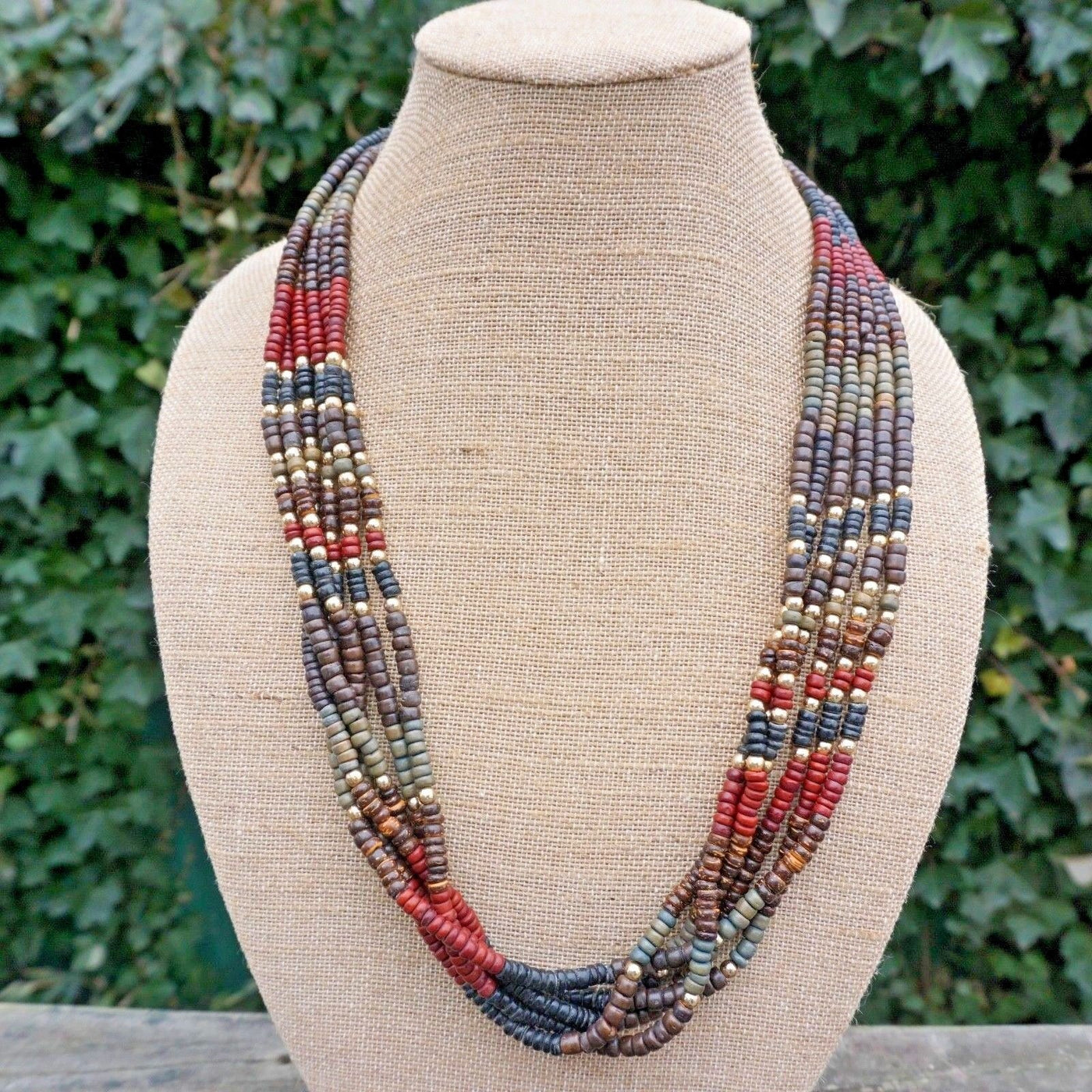 30" Vintage Multi Strand Tribal Necklace Wood Red Olive Black w Silver Embellishments