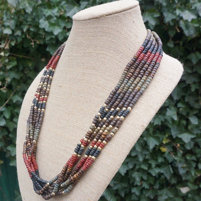 30" Vintage Multi Strand Tribal Necklace Wood Red Olive Black w Silver Embellishments