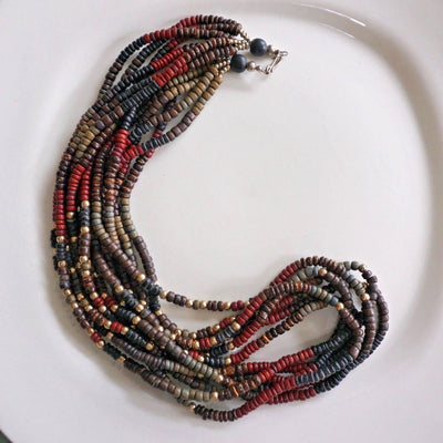 30" Vintage Multi Strand Tribal Necklace Wood Red Olive Black w Silver Embellishments