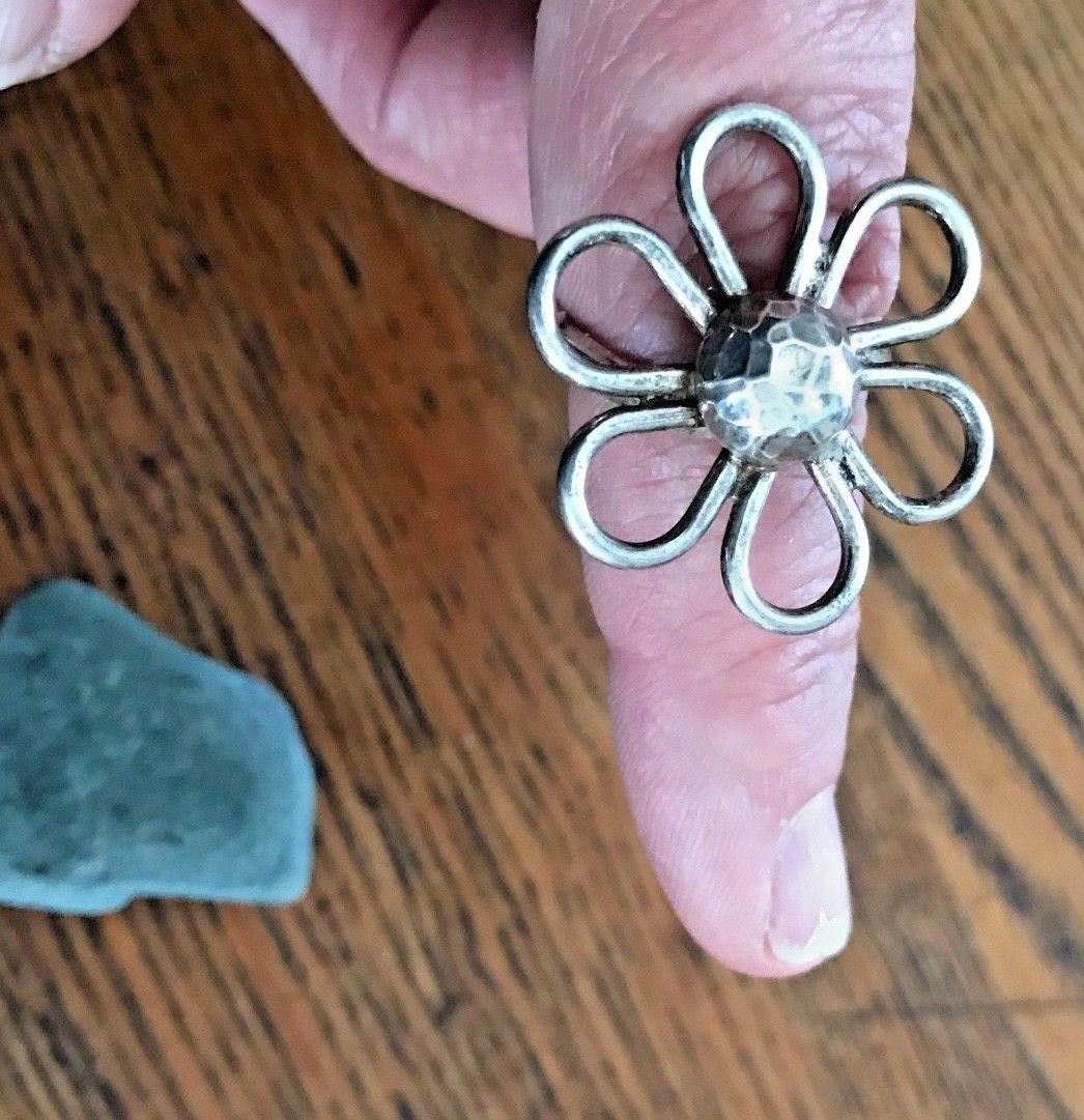 Size 10 Flower Ring Spring Bling Hammered 925 Silver 1.5 Inches