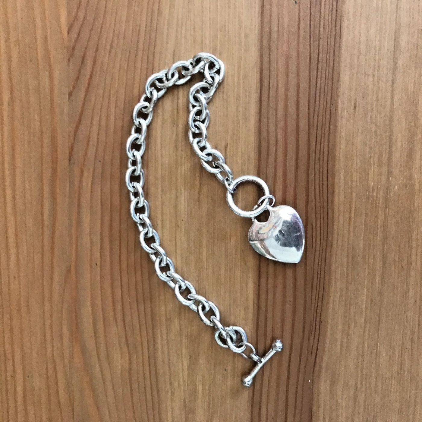 8" Silver Tone Chain Heart Charm Bracelet Heavyweight Sweetheart Retro