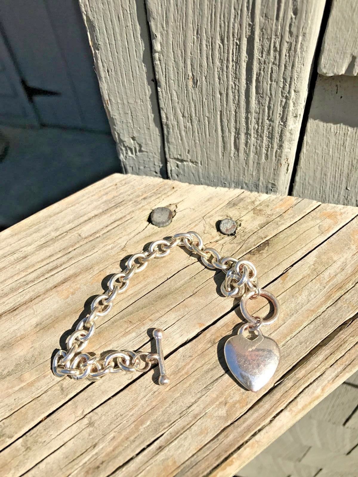 8" Silver Tone Chain Heart Charm Bracelet Heavyweight Sweetheart Retro