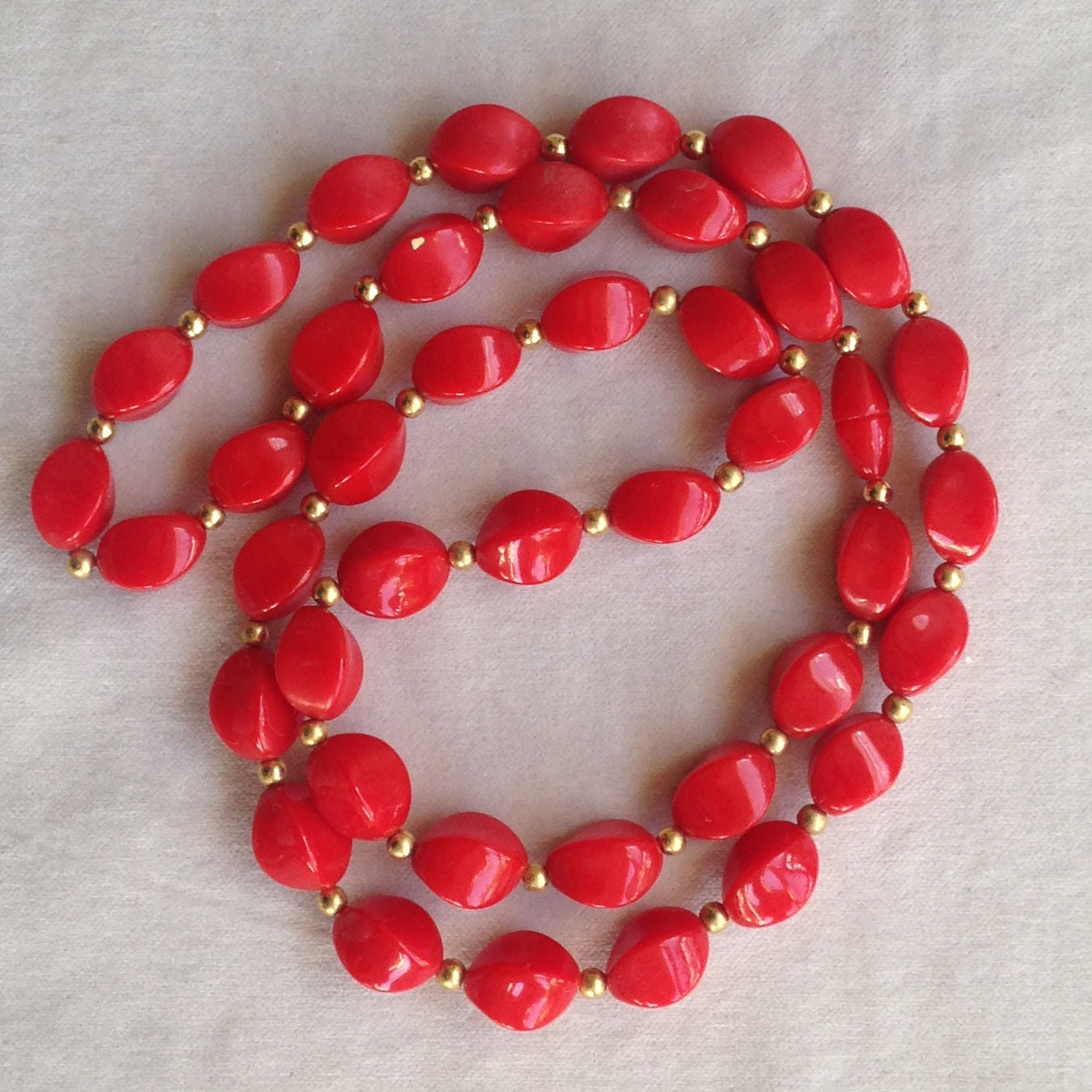 30" Vintage Bright Cherry Red  Cast Beads with Small Gold Beads w Retro Clasp