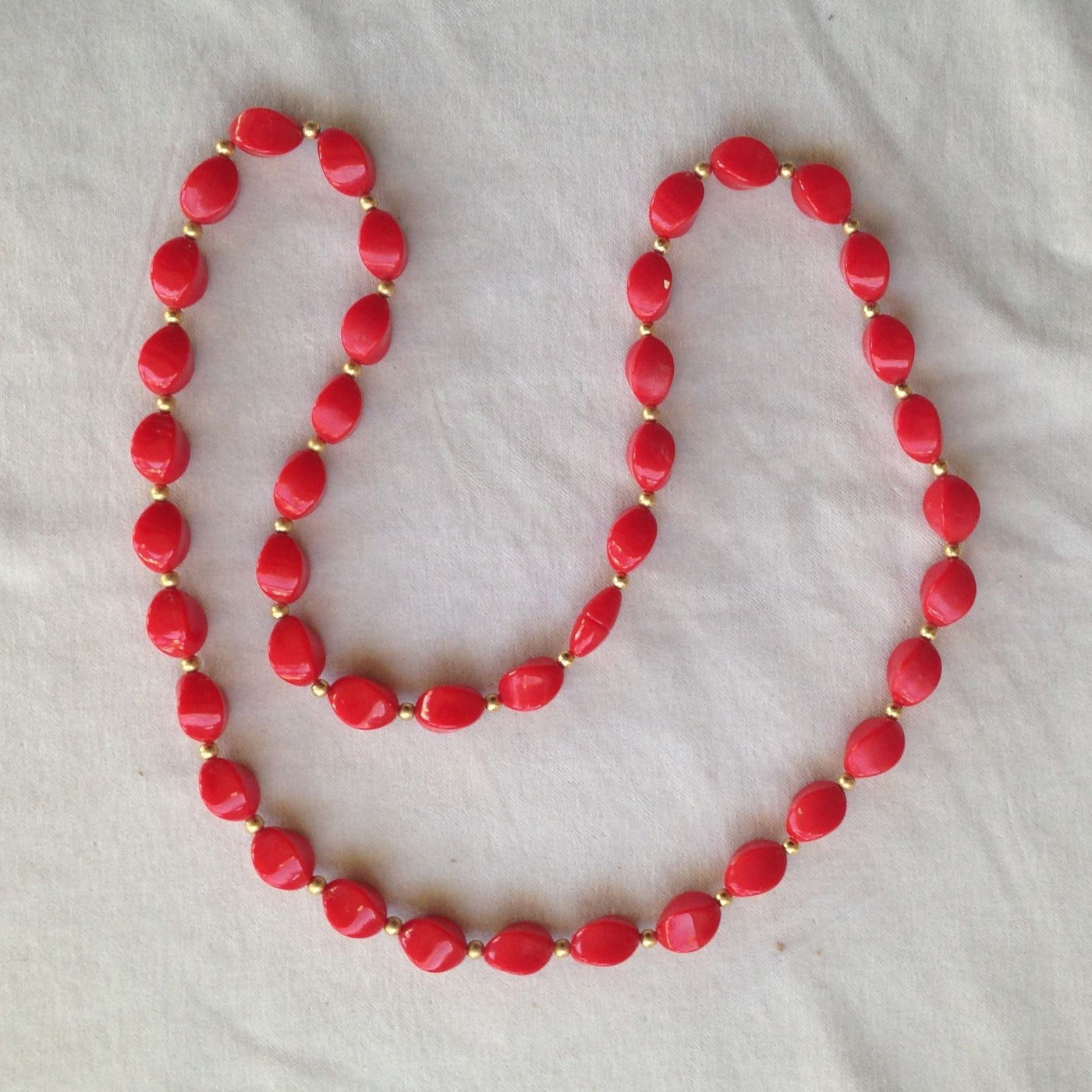 30" Vintage Bright Cherry Red  Cast Beads with Small Gold Beads w Retro Clasp