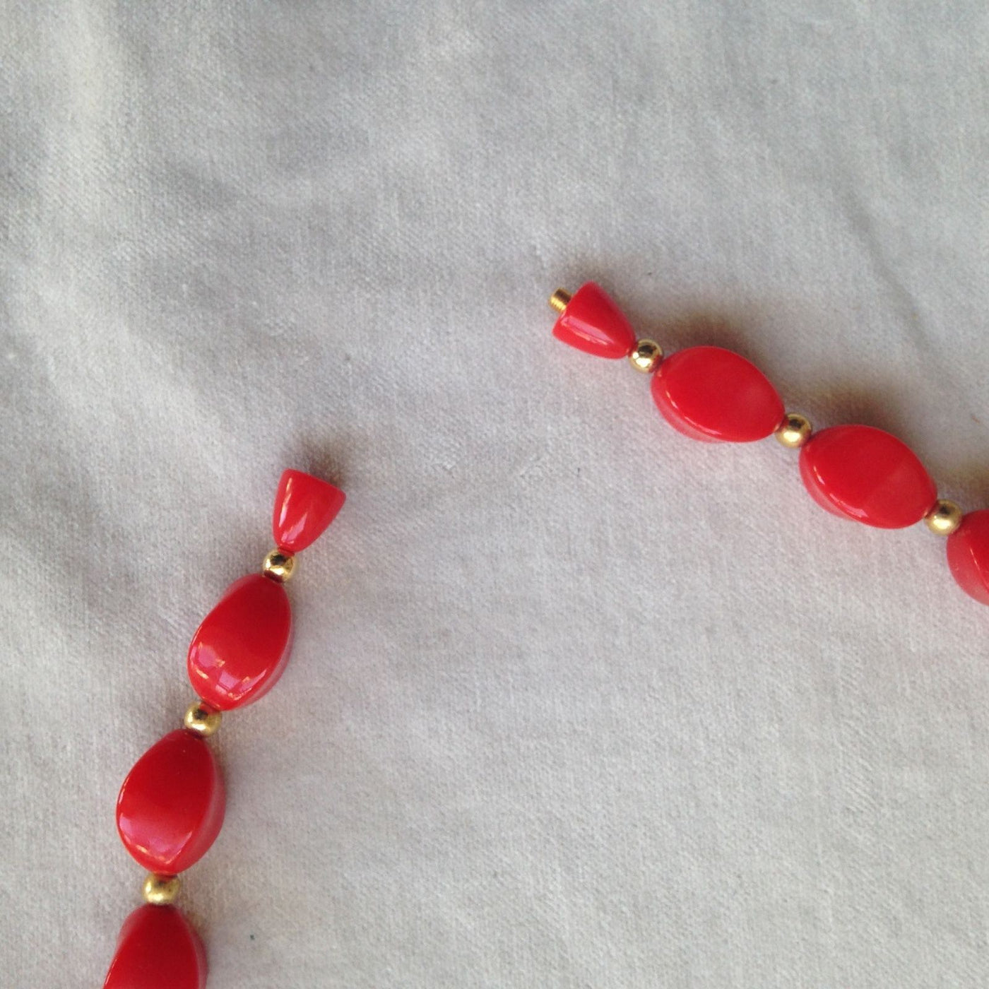 30" Vintage Bright Cherry Red  Cast Beads with Small Gold Beads w Retro Clasp