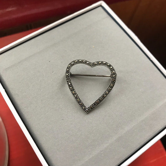 Silver 925 Thin Marcasite Heart 1.5" Sweetheart Lapel pin