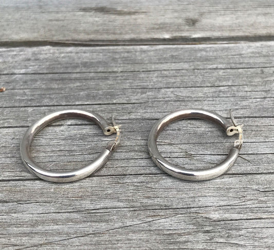 Silver 925 Italy 1" Hollow Hoop Pierced Earrings Vintage