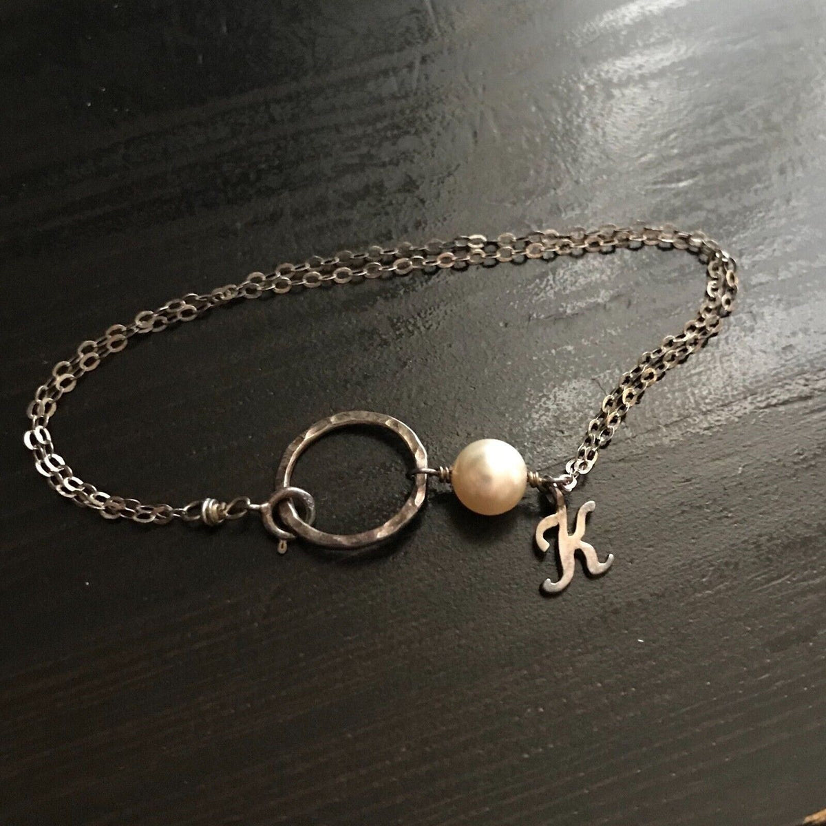 925 Silver Chain Bracelet with Pearl & Initial "K" 6.5"  Circle Clasp
