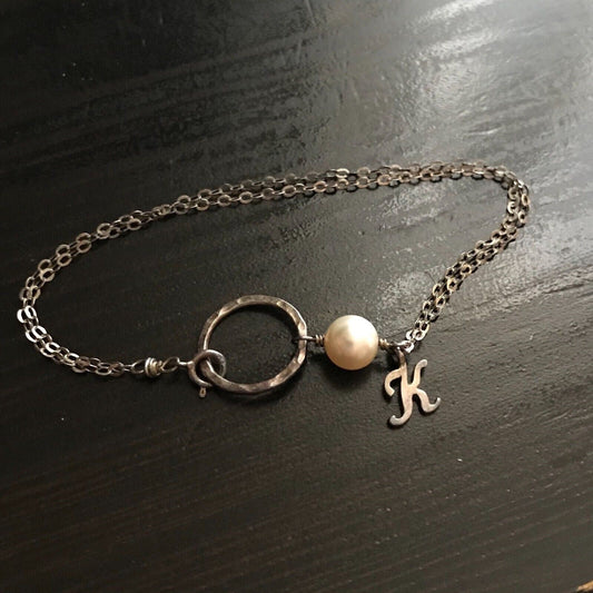 925 Silver Chain Bracelet with Pearl & Initial "K" 6.5"  Circle Clasp