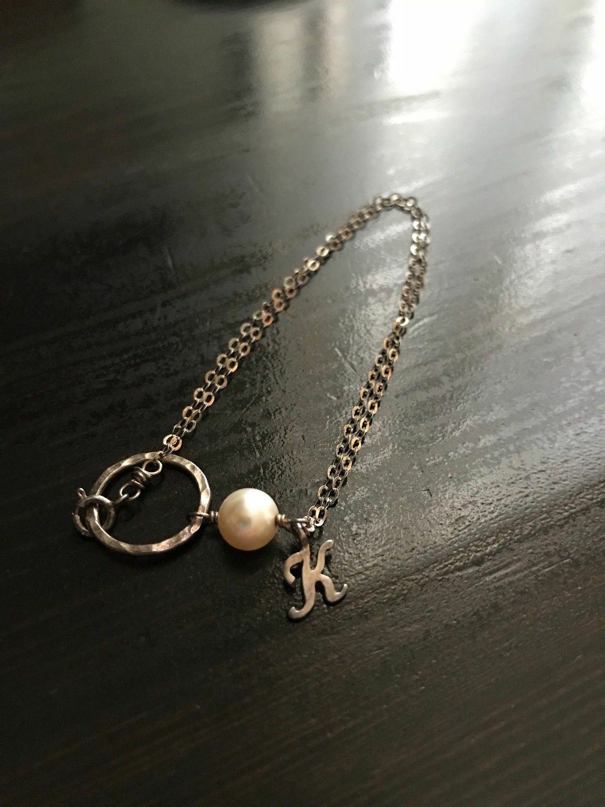 925 Silver Chain Bracelet with Pearl & Initial "K" 6.5"  Circle Clasp