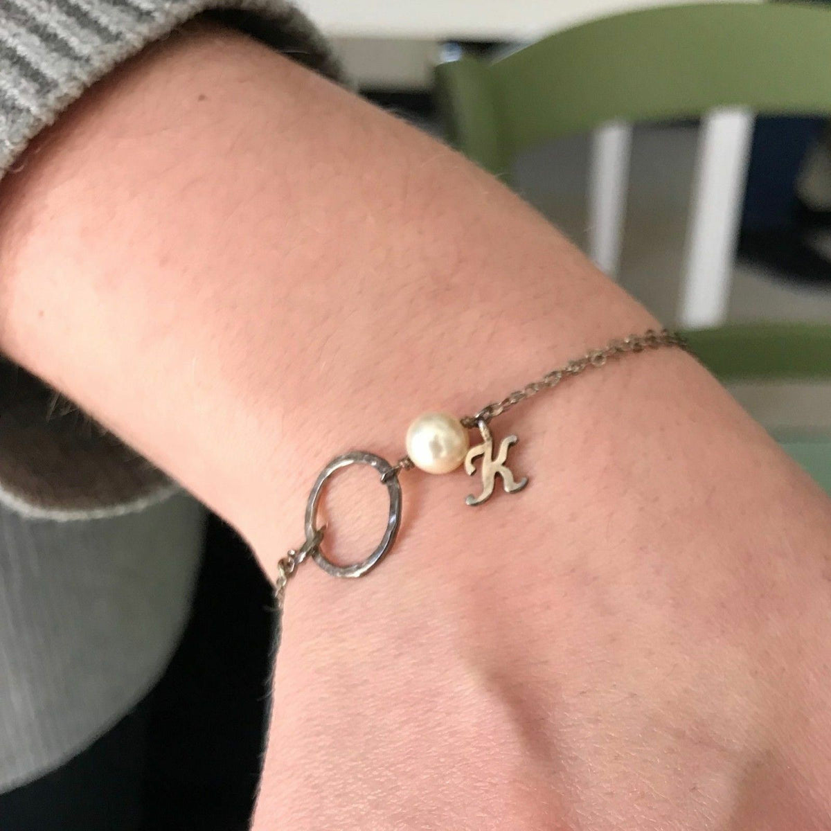 925 Silver Chain Bracelet with Pearl & Initial "K" 6.5"  Circle Clasp