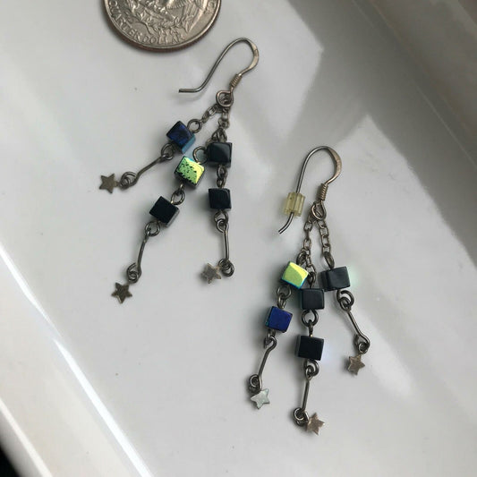 Silver 925 w Stars Square Green Crystals Pierced Hook Earrings