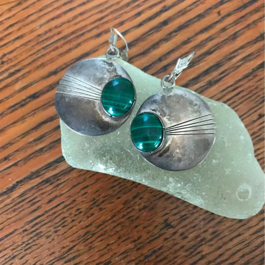 Sterling Silver 1" JB Artist Signed Green Oval Malachite Lever Pieced Earrings