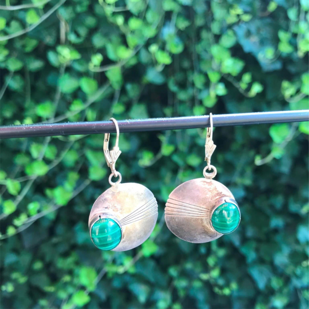 Sterling Silver 1" JB Artist Signed Green Oval Malachite Lever Pieced Earrings