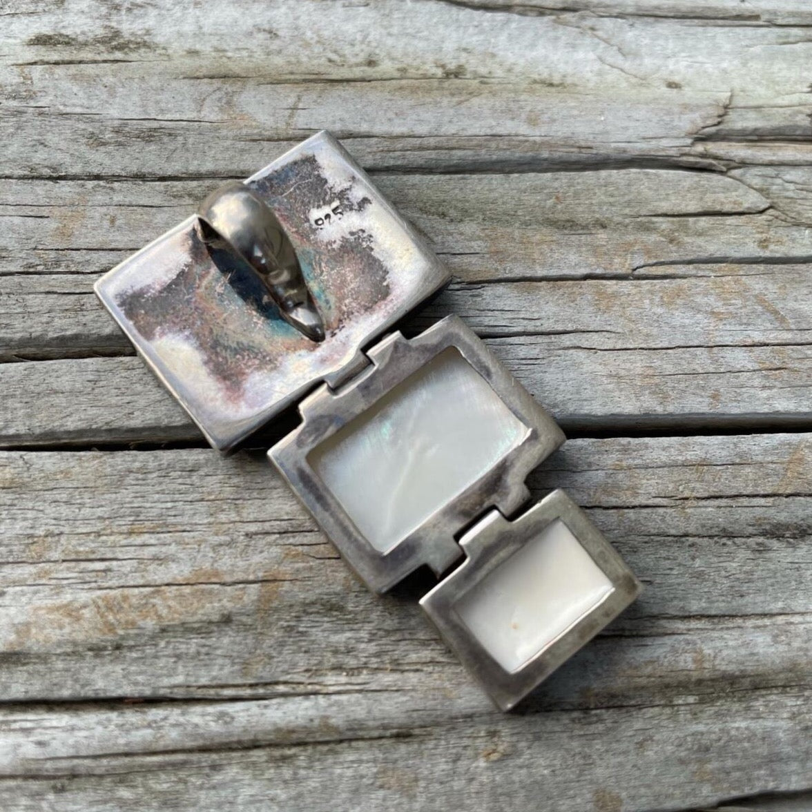 Silver 925 3 Tier Mother of Pearl Geometric Rectangles Medallion
