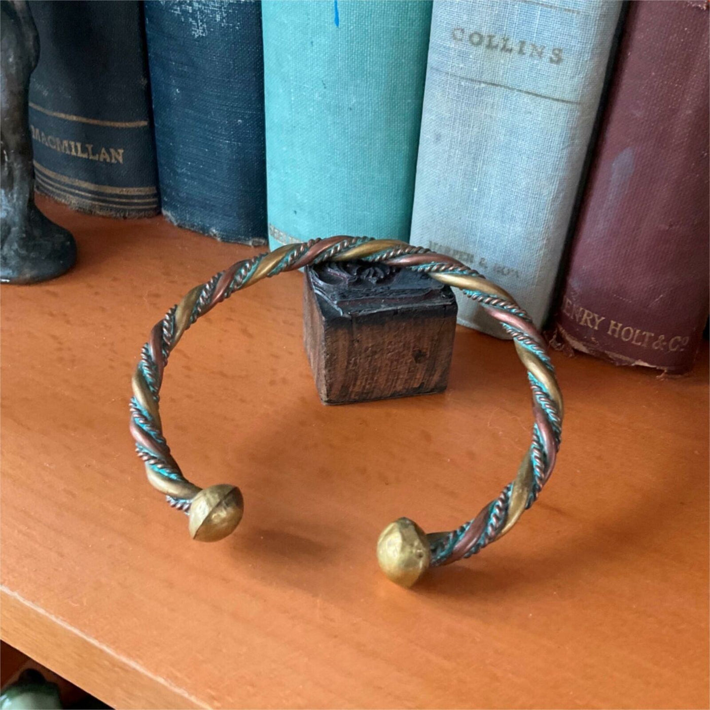 2-5/8” Men’s Primitive Copper Brass Round Twist Half Cuff Bracelet Vintage