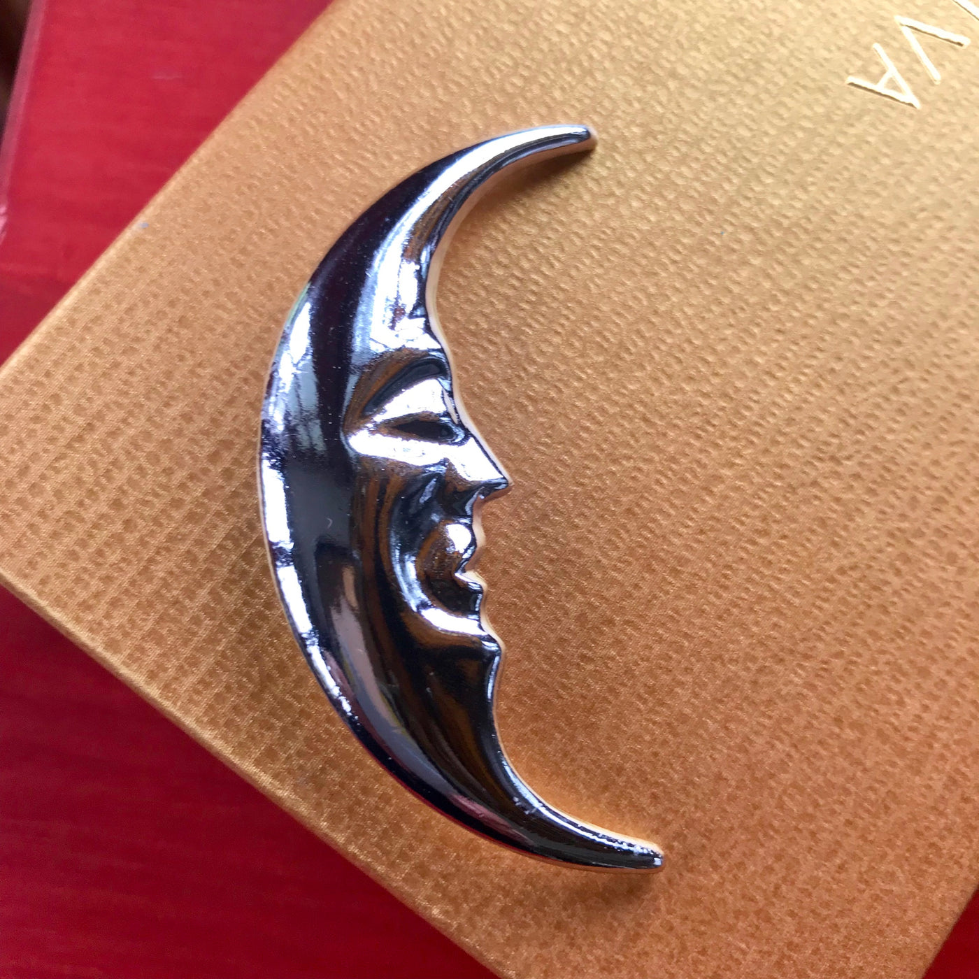 2.75" Chrome Silver Crescent Moon w Face Profile Lapel Pin Brooch